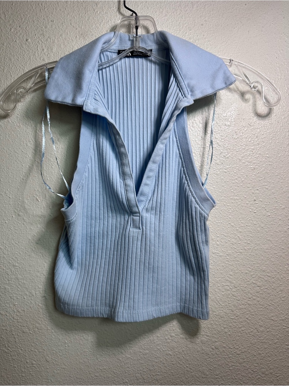 Zara Light Blue Ribbed Sleeveless Polo Crop Top Small